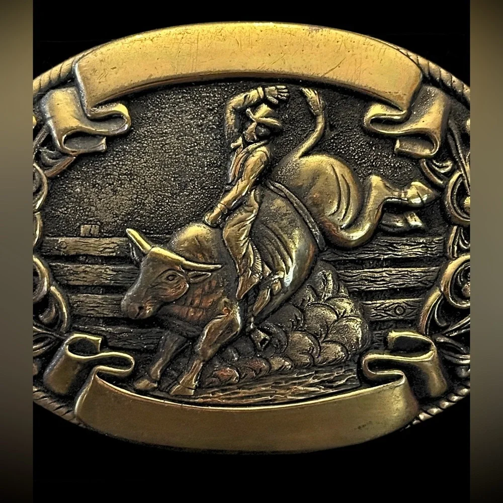 Vintage Chambers Western Belt Buckle Rodeo Cowboy Bull Rider Solid Metal - Picture 4 of 15